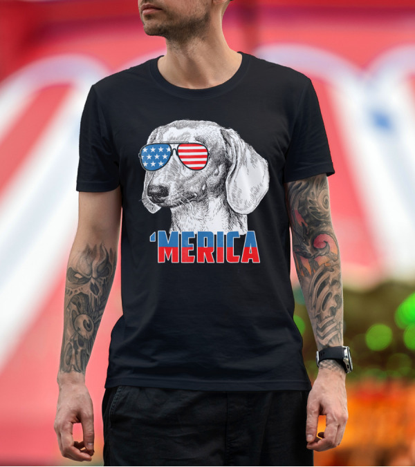 Premium T-Shirt: 4th of July Merica Patriotic Dachshund with American Flag Sunglasses T-Shirt 4th of July Merica Patriotic Dachshund with American Flag Sunglasses T-Shirt
