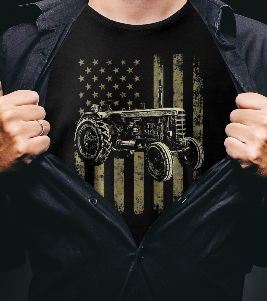 Patriotic Vintage Tractor With American Flag Background T-Shirt