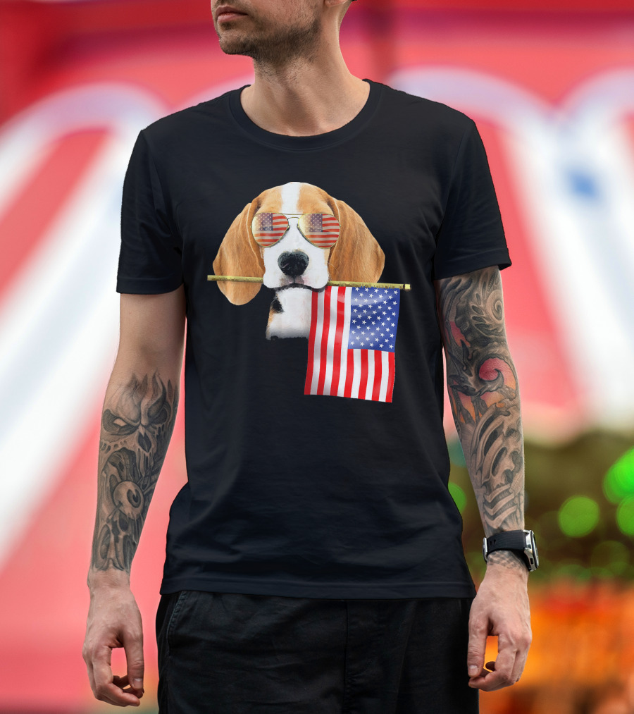 Patriotic Beagle with American Flag Sunglasses for 4th of July T-Shirt