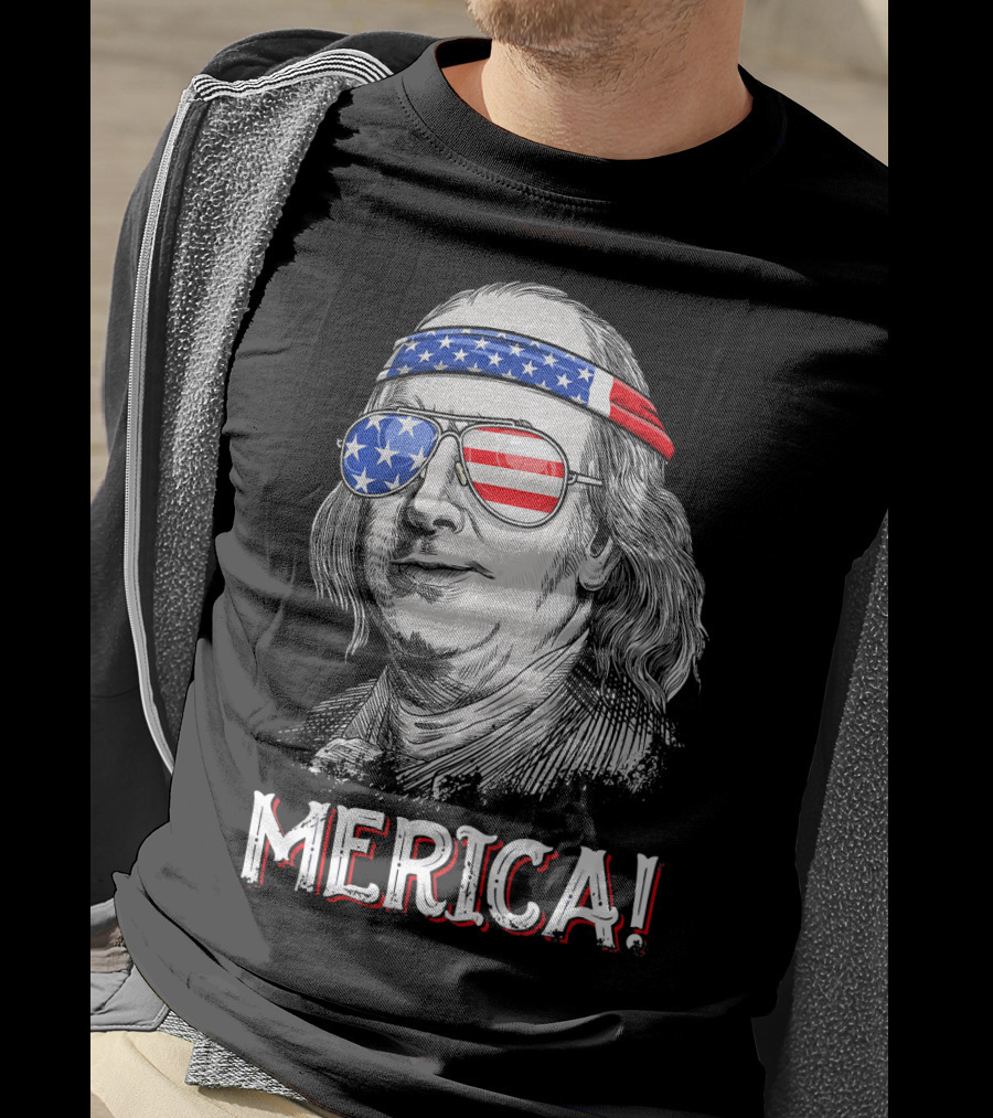 Benjamin Franklin Merica Patriotic USA Bandana Sunglasses T-Shirt