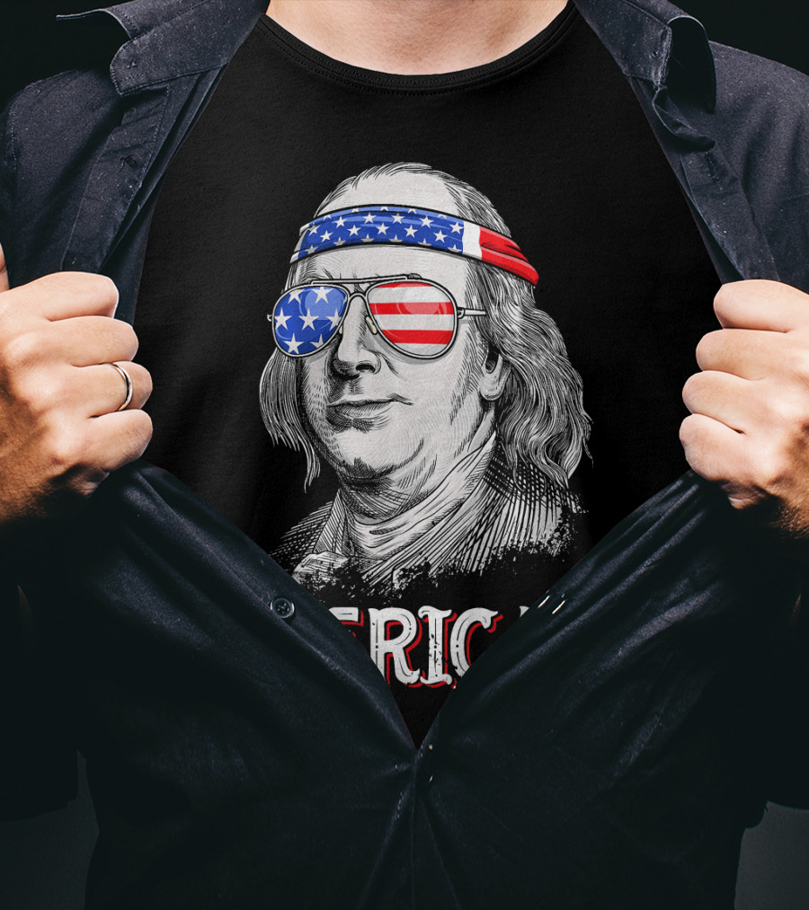 Benjamin Franklin Merica Patriotic USA Bandana Sunglasses T-Shirt