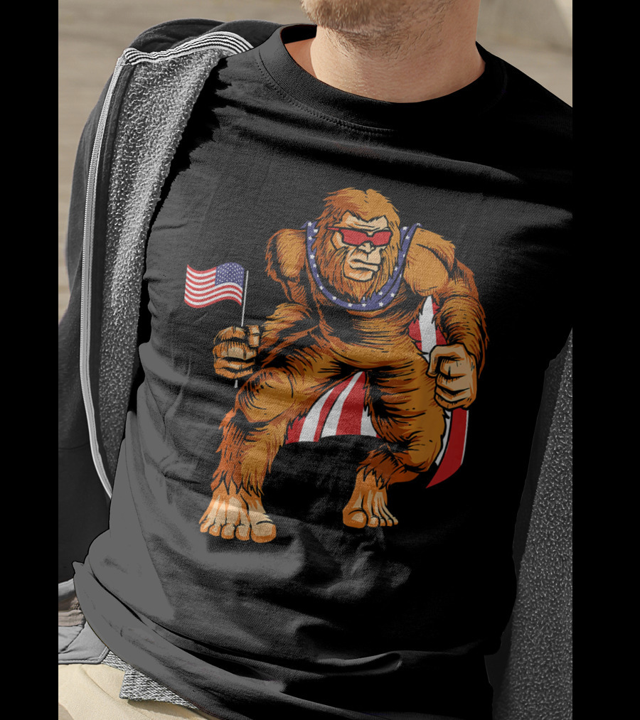 Bigfoot Patriotic American Flag Sunglasses Flag-Waving Stance T-Shirt