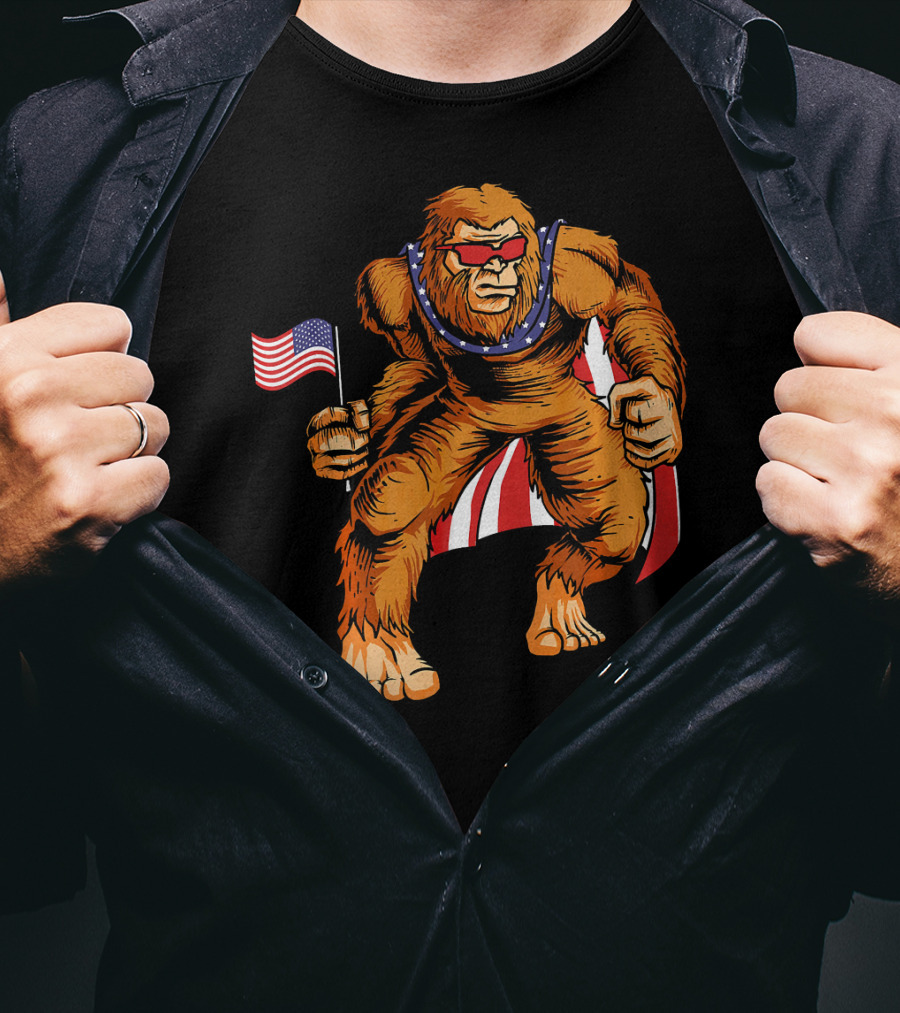 Bigfoot Patriotic American Flag Sunglasses Flag-Waving Stance T-Shirt