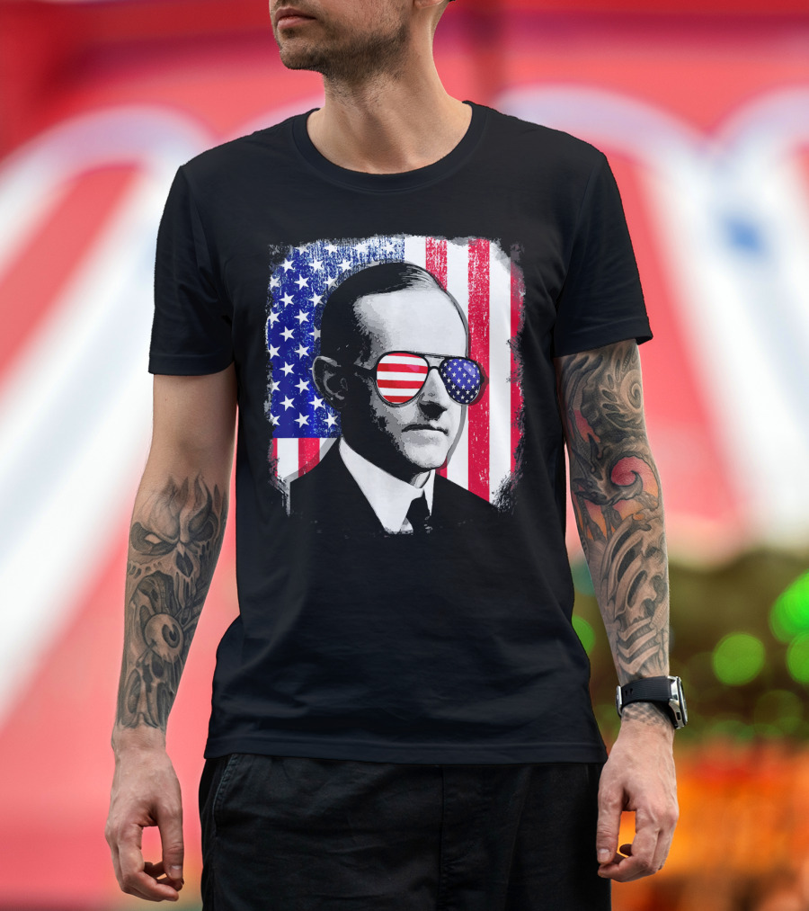Calvin Coolidge American Flag Sunglasses 4th Of July USA Patriotic T-Shirt