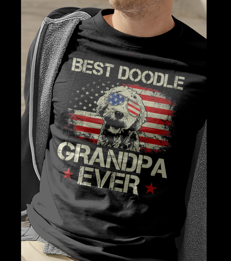 Best Doodle Grandpa Ever USA Flag Sunglasses Dog T-Shirt