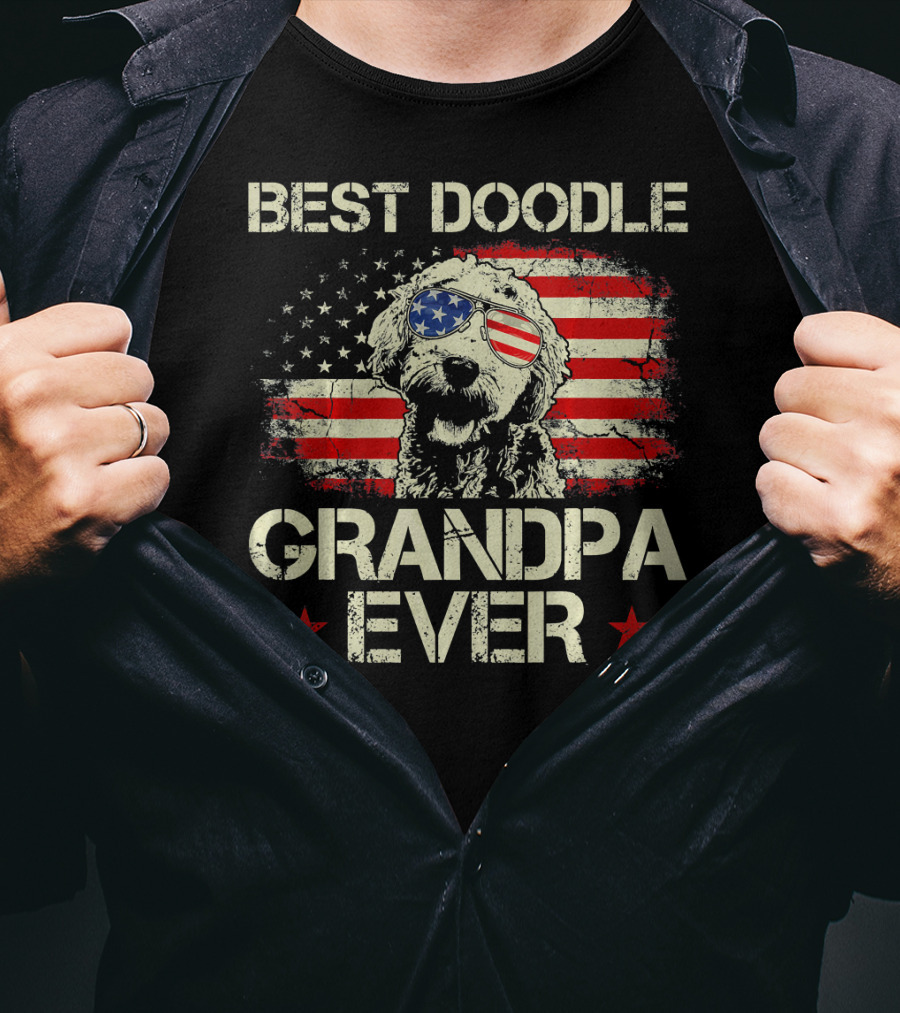 Best Doodle Grandpa Ever USA Flag Sunglasses Dog T-Shirt