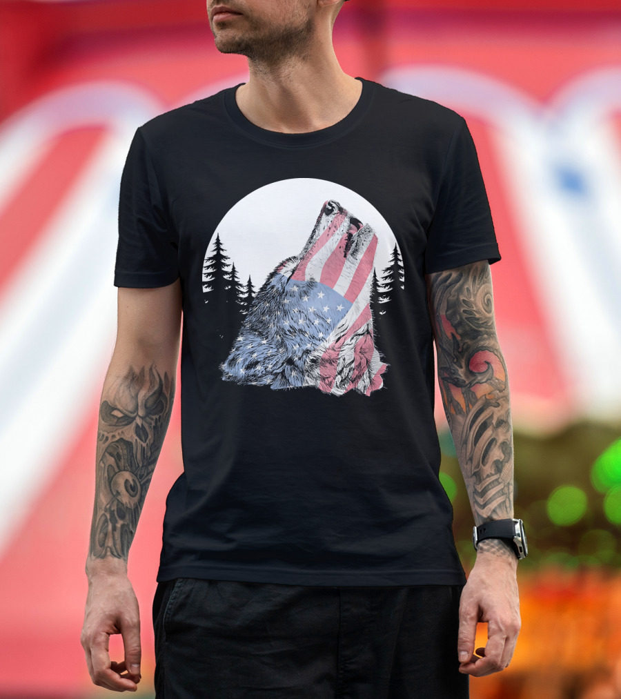 American Wolf Howling with US Flag Pattern for 4th of July T-Shirt
