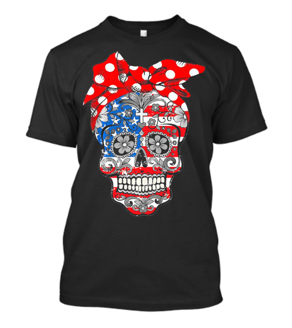 Sugar Skull American Flag Patriotic Bow 4th Of July T-Shirt
