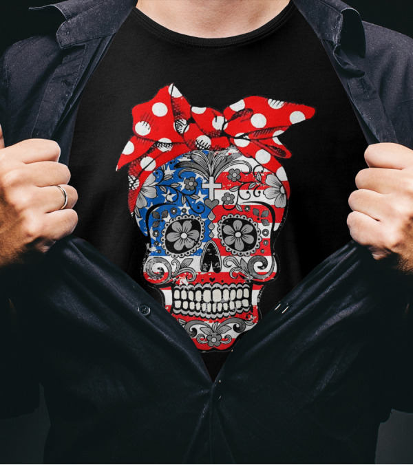 Sugar Skull American Flag Patriotic Bow 4th Of July T-Shirt