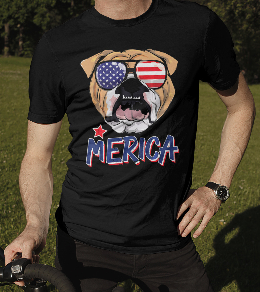 English Bulldog Sunglass Merica American Flag T-Shirt