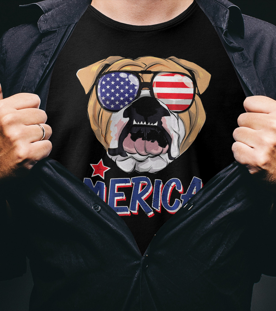 English Bulldog Sunglass Merica American Flag T-Shirt