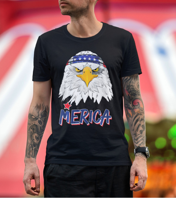 Premium T-Shirt: Merica Patriotic American Bald Eagle with Star-Spangled Headband T-Shirt Merica Patriotic American Bald Eagle with Star-Spangled Headband T-Shirt