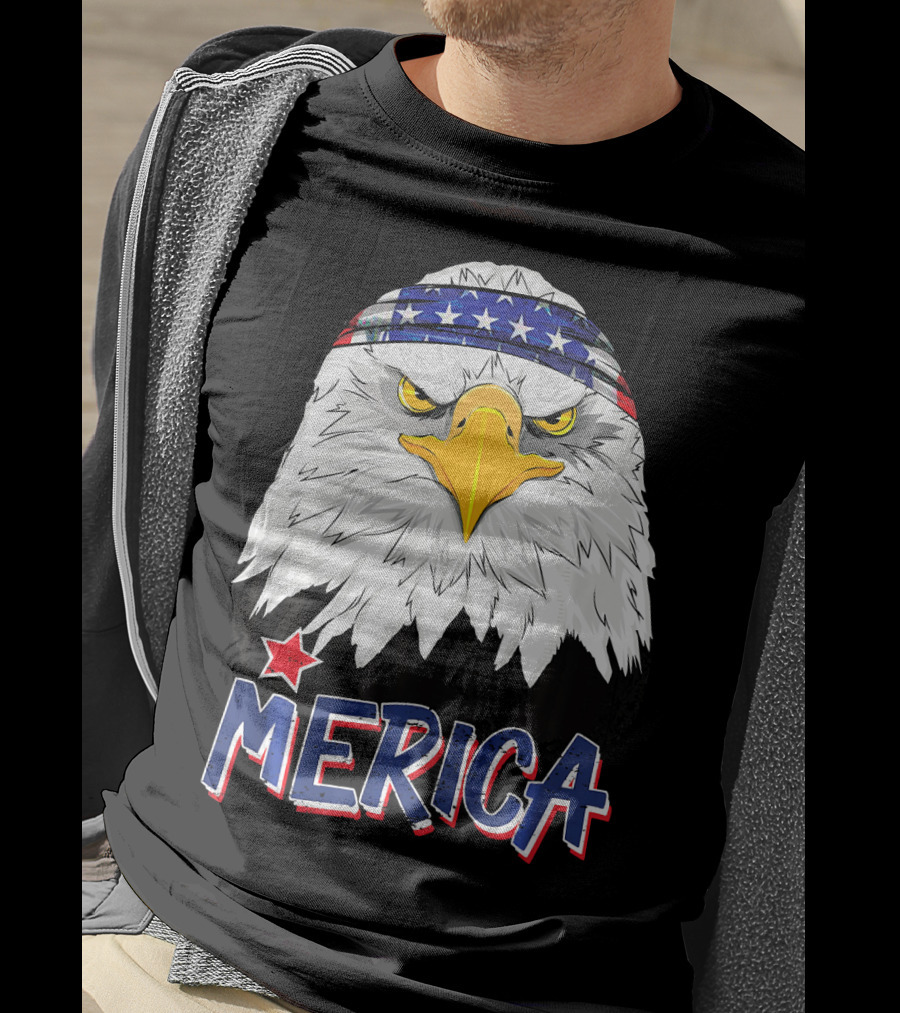Merica Patriotic American Bald Eagle With Star-Spangled Headband T-Shirt