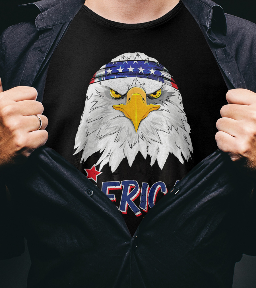 Merica Patriotic American Bald Eagle With Star-Spangled Headband T-Shirt