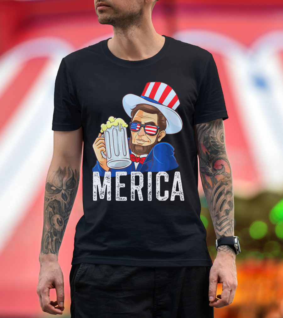 4th of July Merica Abe Lincoln with Patriotic Beer Mug and American Flag Shades T-Shirt