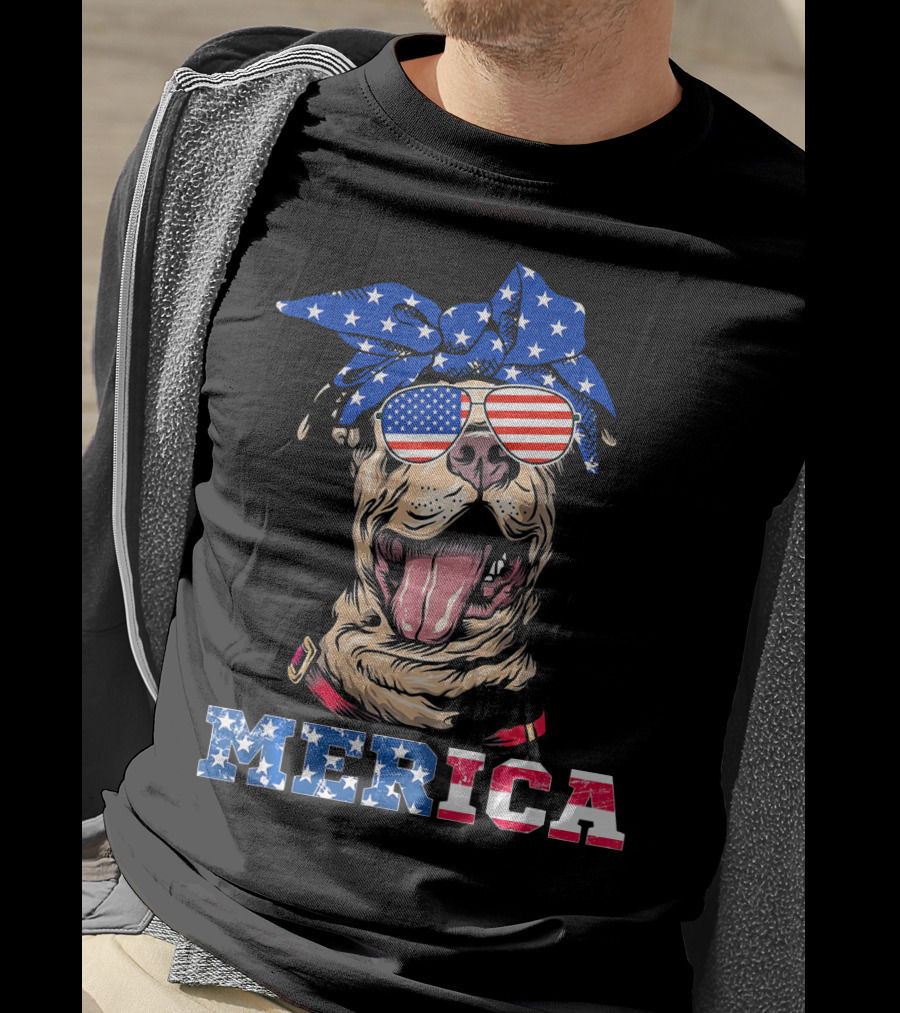 Merica American Flag Pitbull Wearing Bandana And Sunglasses T-Shirt