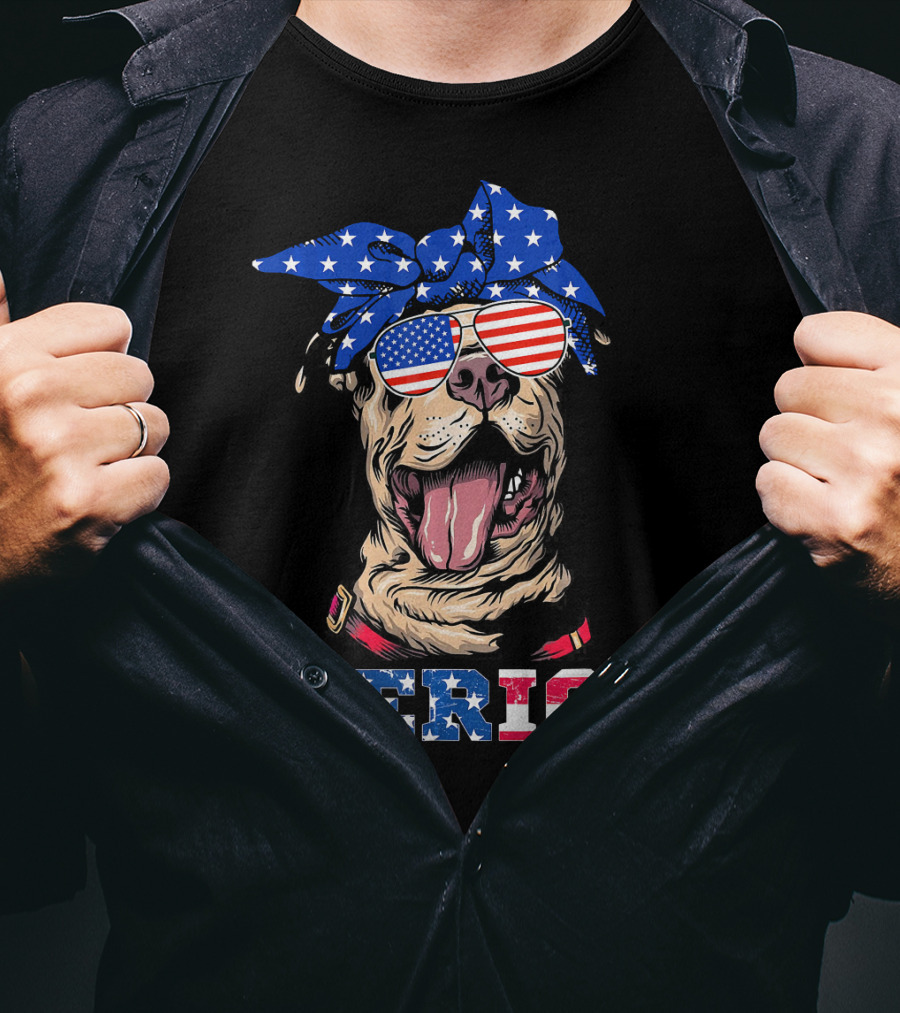 Merica American Flag Pitbull Wearing Bandana And Sunglasses T-Shirt