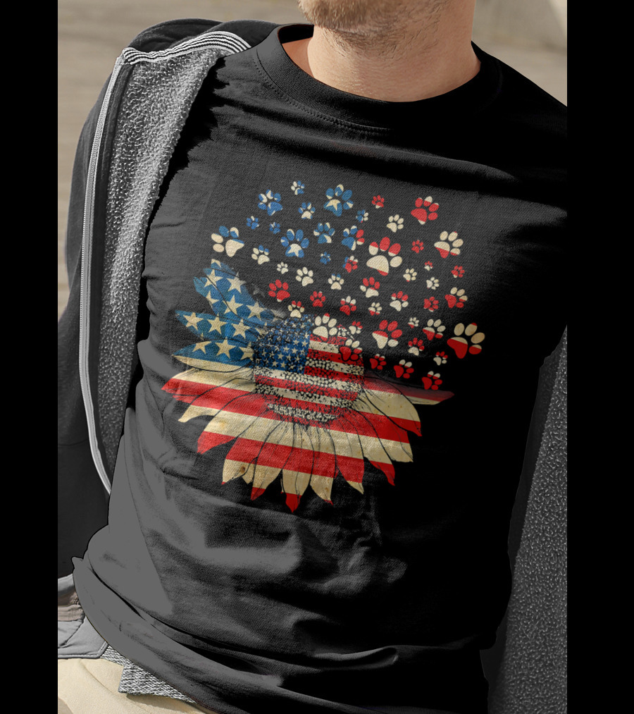 American Flag Sunflower With Dog Paw T-Shirt
