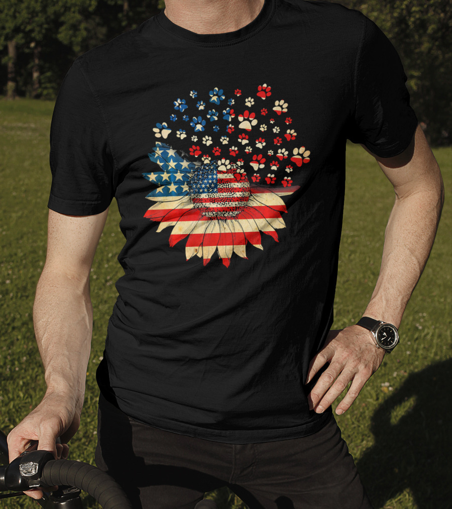 American Flag Sunflower With Dog Paw T-Shirt