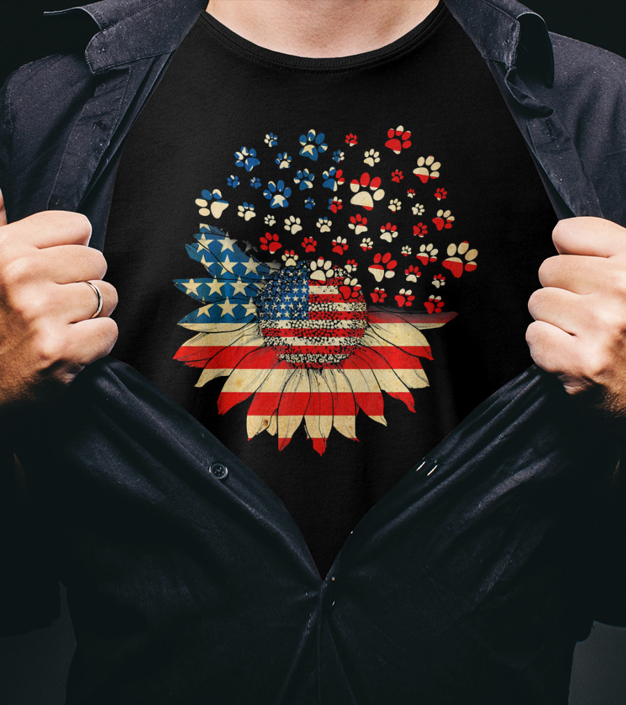 American Flag Sunflower With Dog Paw T-Shirt