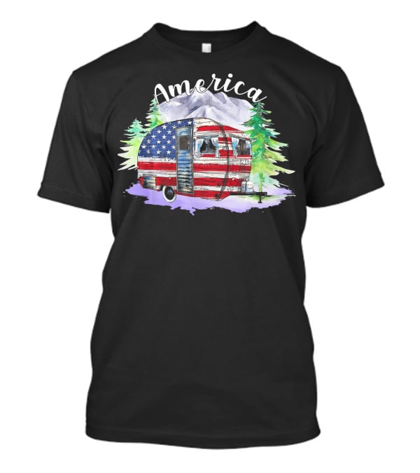 America Camping Van With USA Flag And Mountains For Fourth Of July T-Shirt