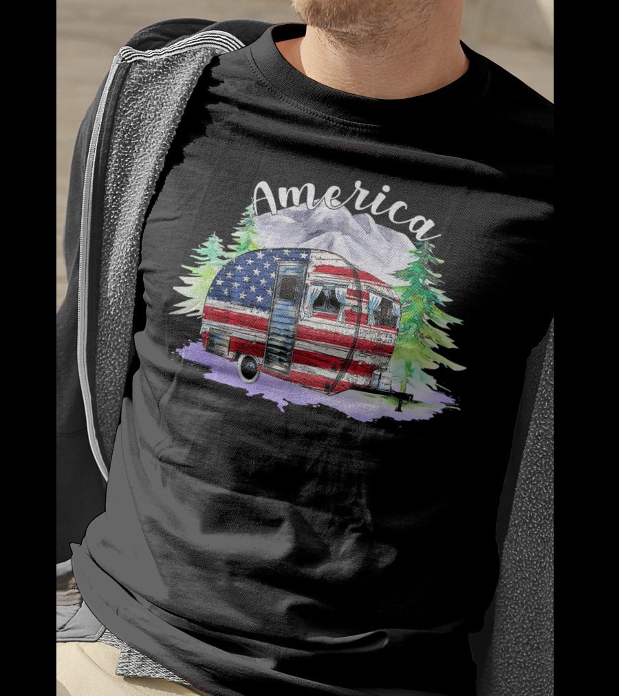 America Camping Van With USA Flag And Mountains For Fourth Of July T-Shirt