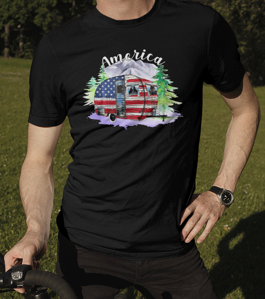 America Camping Van With USA Flag And Mountains For Fourth Of July T-Shirt
