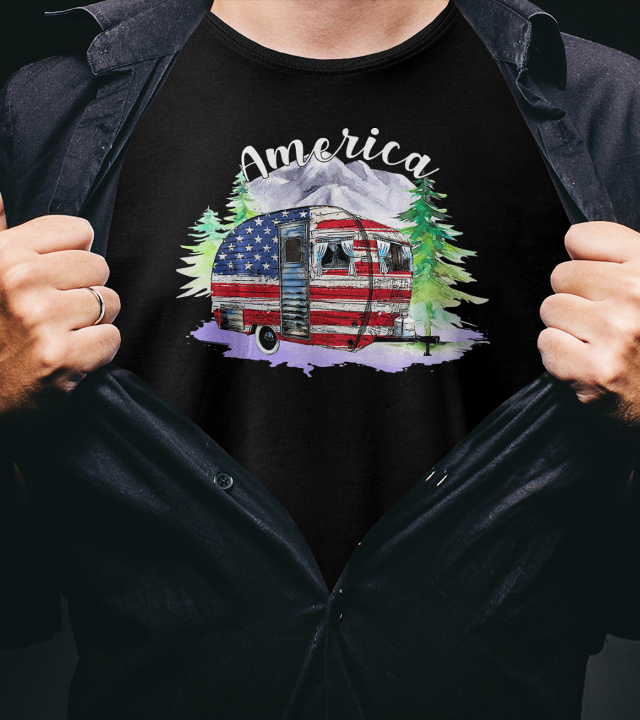 America Camping Van With USA Flag And Mountains For Fourth Of July T-Shirt