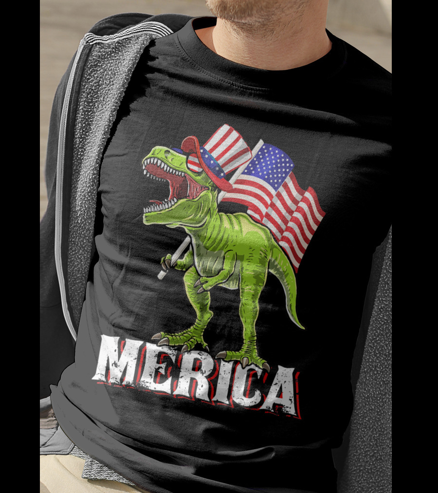 'Merica Patriotic Rex Dinosaur With American Flags And Hat T-Shirt