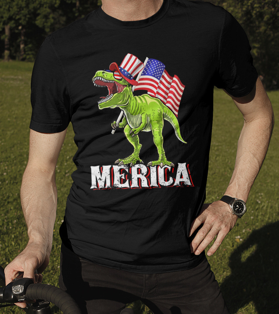 'Merica Patriotic Rex Dinosaur With American Flags And Hat T-Shirt