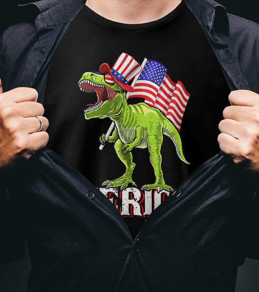 'Merica Patriotic Rex Dinosaur With American Flags And Hat T-Shirt