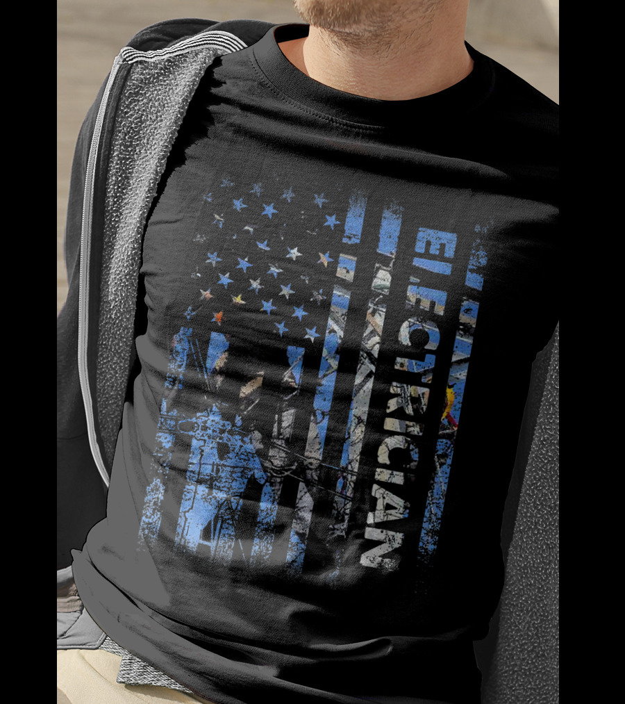 American Flag Patriotic Electrician Silhouette T-Shirt
