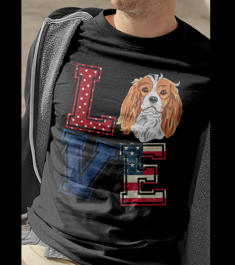 LOVE Cavalier King Charles Spaniel American Flag Face T-Shirt
