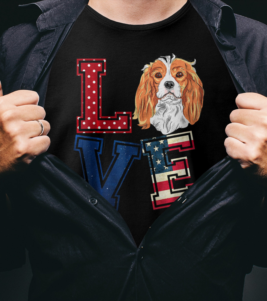 LOVE Cavalier King Charles Spaniel American Flag Face T-Shirt