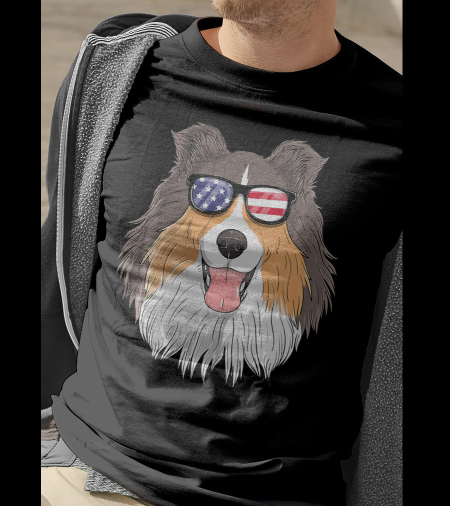 Shetland Sheepdog Patriotic Sheltie With American Flag Sunglasses T-Shirt