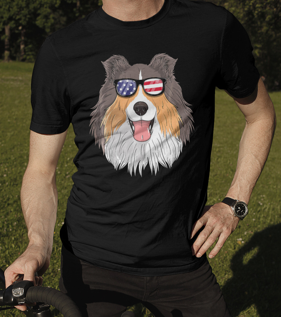 Shetland Sheepdog Patriotic Sheltie With American Flag Sunglasses T-Shirt