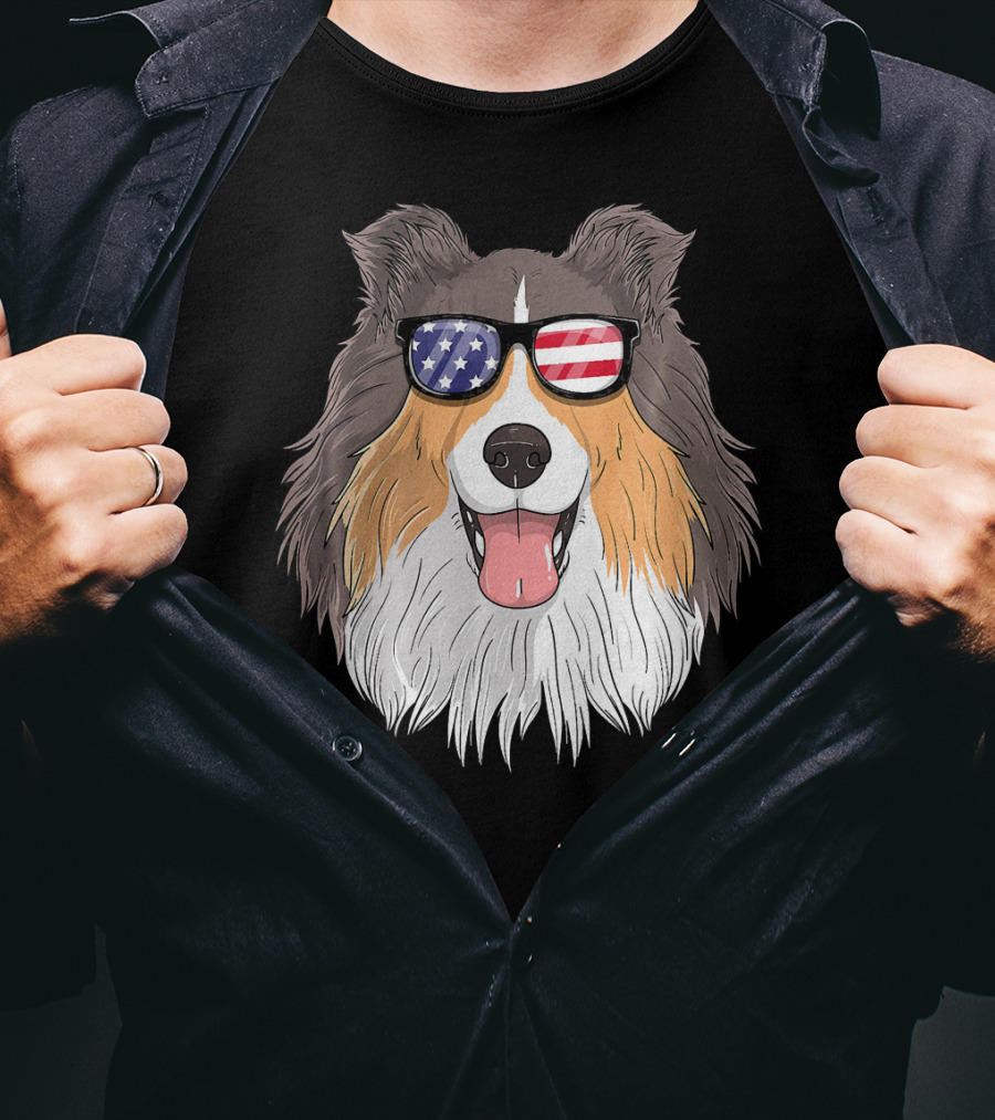 Shetland Sheepdog Patriotic Sheltie With American Flag Sunglasses T-Shirt