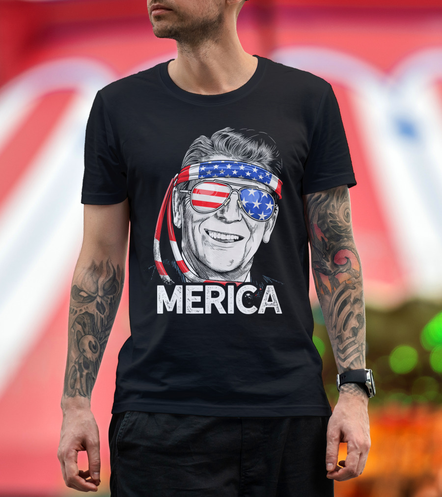 Merica 4th of July US Patriotic Reagan Ronald American Flag Glasses Headband T-Shirt