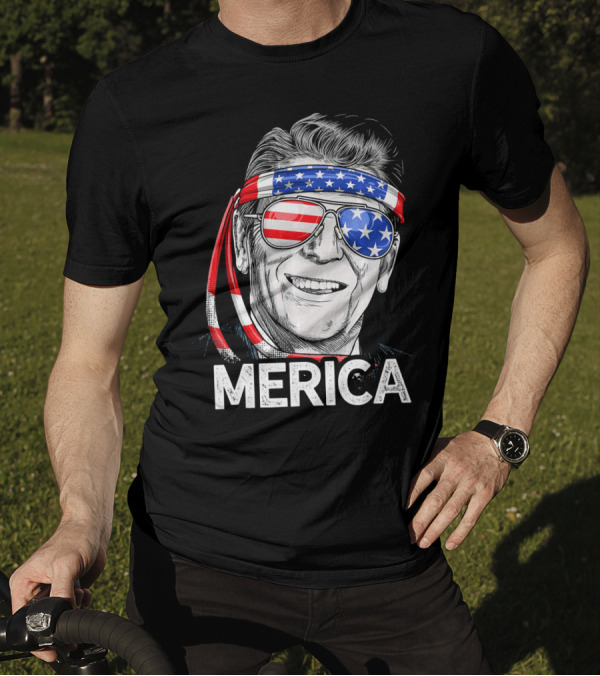 Merica 4th Of July US Patriotic Reagan Ronald American Flag Glasses Headband T-Shirt