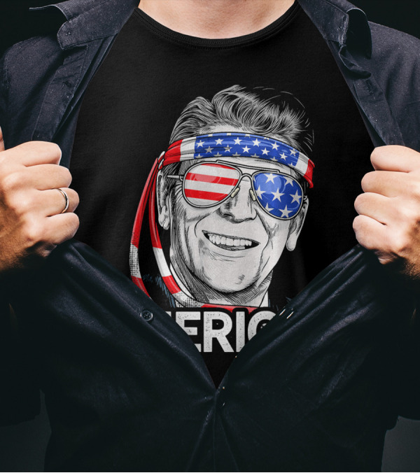 Merica 4th Of July US Patriotic Reagan Ronald American Flag Glasses Headband T-Shirt