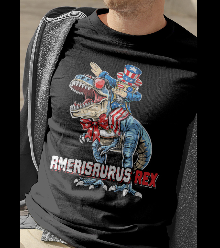 Amerisaurus Rex Dinosaur Dabbing Uncle Sam Patriotic Stars Stripes T-Shirt