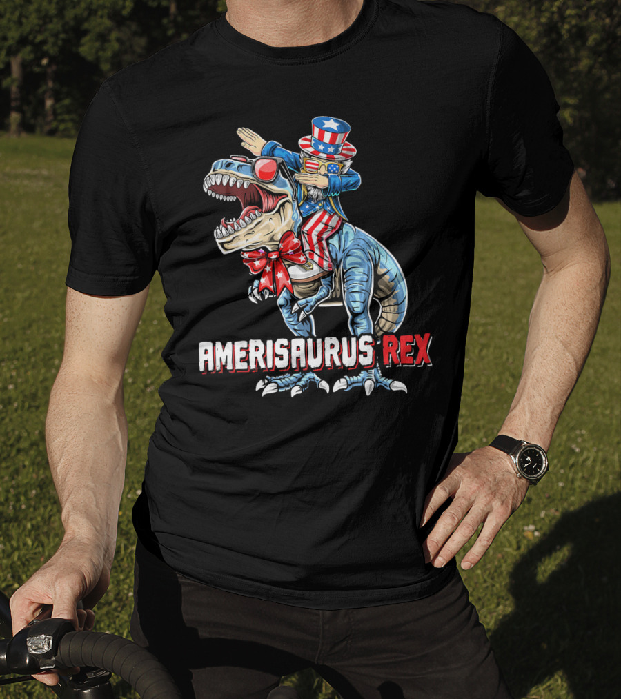 Amerisaurus Rex Dinosaur Dabbing Uncle Sam Patriotic Stars Stripes T-Shirt