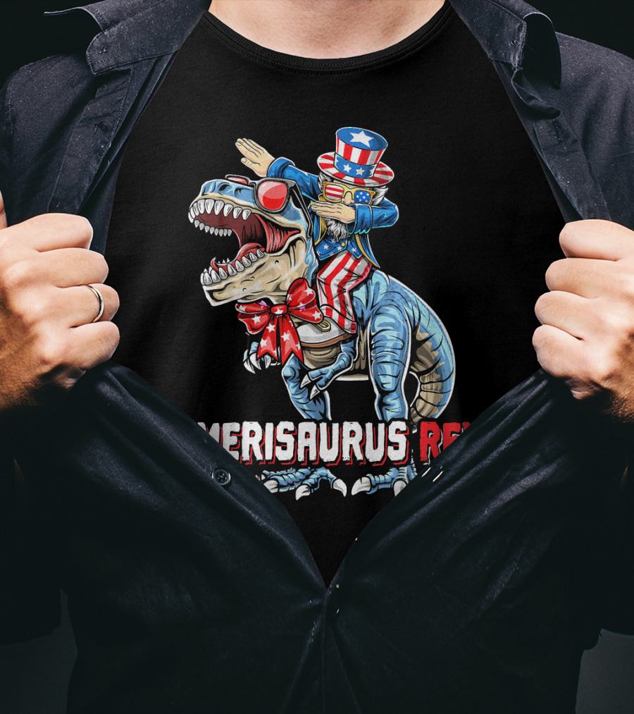 Amerisaurus Rex Dinosaur Dabbing Uncle Sam Patriotic Stars Stripes T-Shirt
