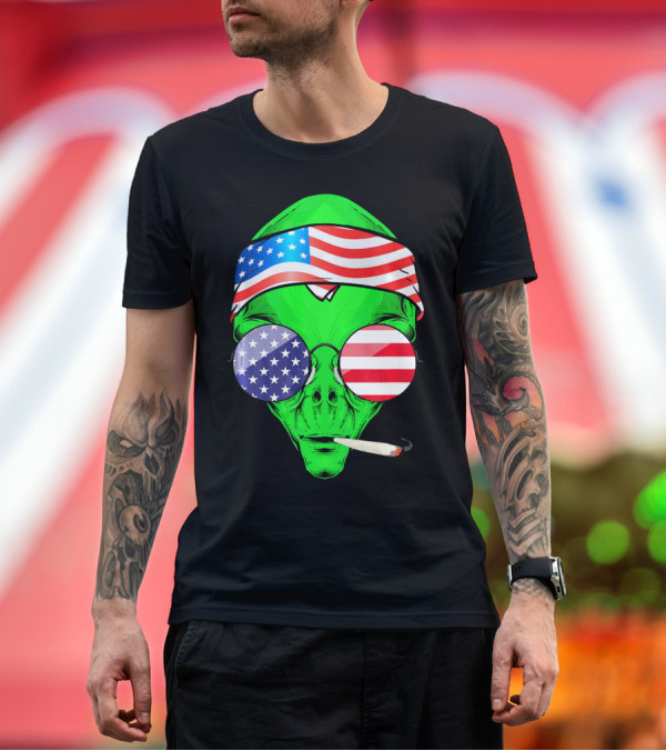 Premium T-Shirt: Hippie Alien with American Flag Bandana and Sunglasses 4th of July T-Shirt Hippie Alien with American Flag Bandana and Sunglasses 4th of July T-Shirt