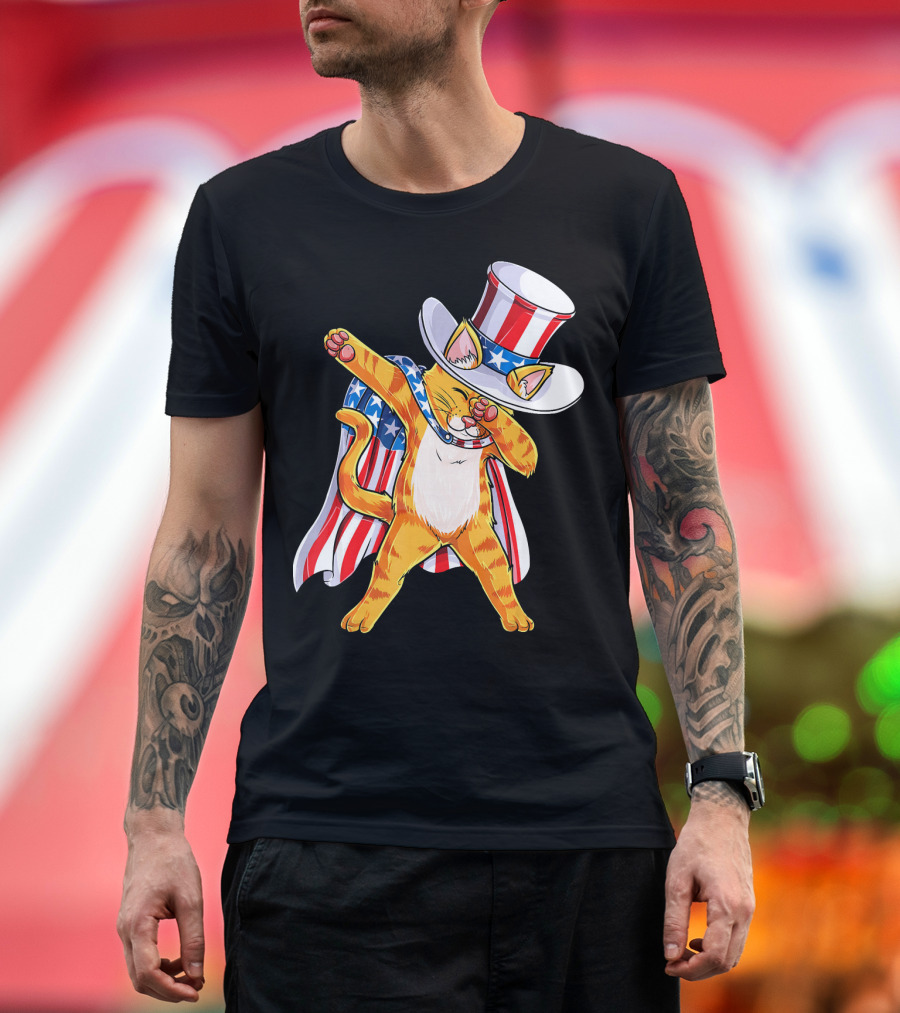 Meowica Cat Dabbing in Uncle Sam Hat and American Flag Cape T-Shirt