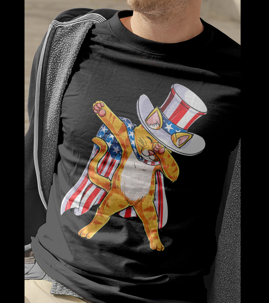 Meowica Cat Dabbing In Uncle Sam Hat And American Flag Cape T-Shirt