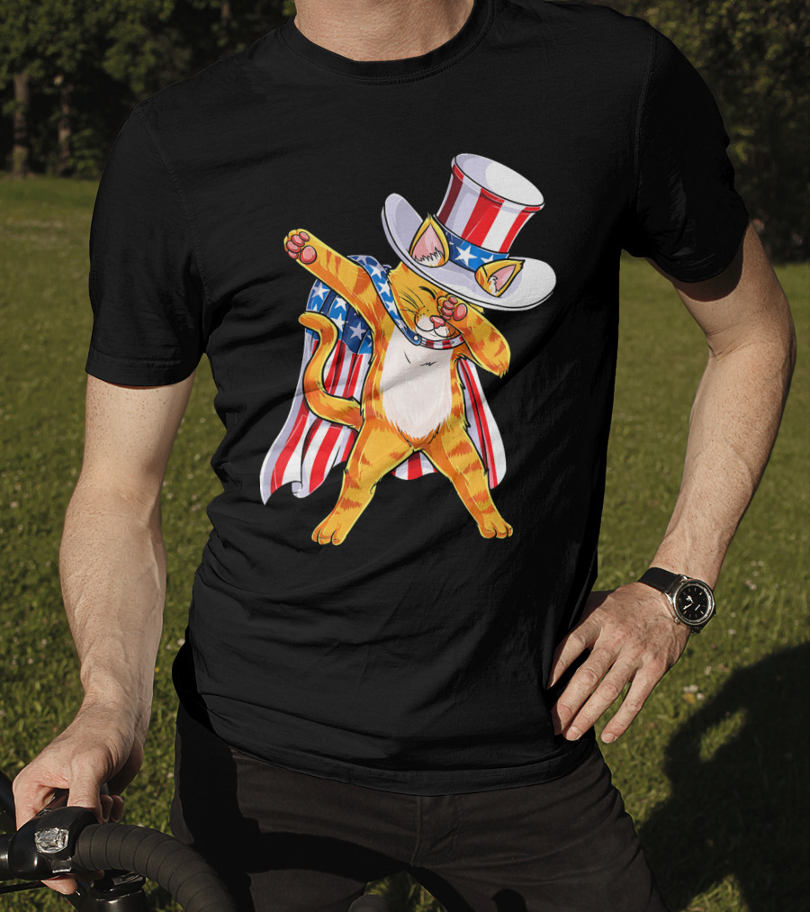 Meowica Cat Dabbing In Uncle Sam Hat And American Flag Cape T-Shirt