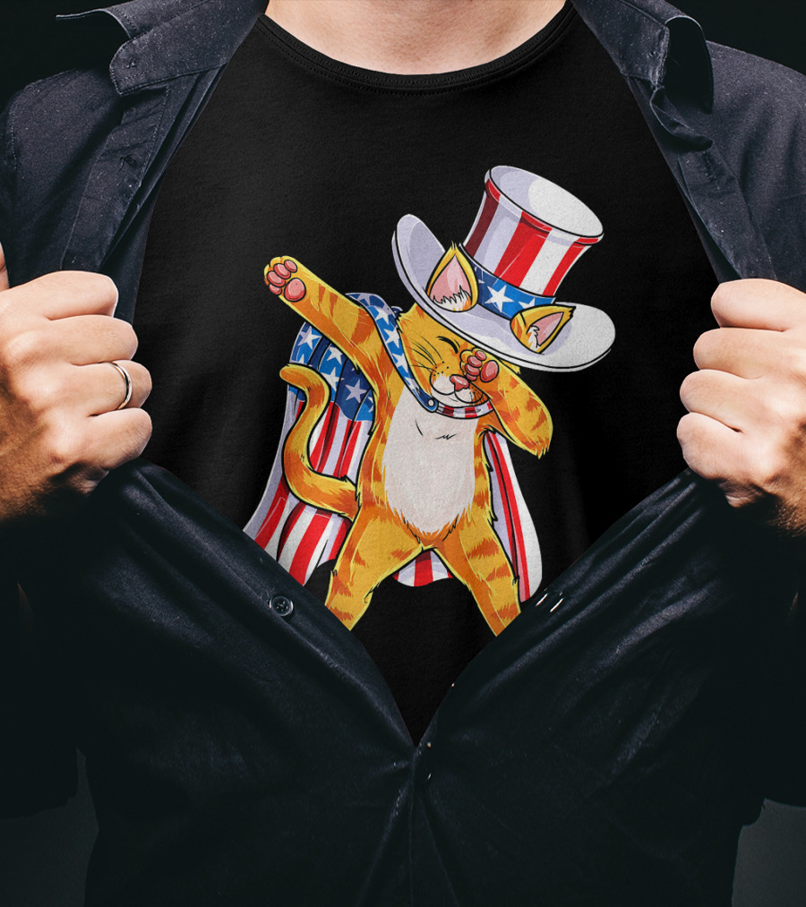 Meowica Cat Dabbing In Uncle Sam Hat And American Flag Cape T-Shirt