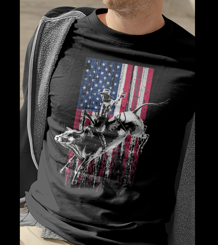 Patriotic American Flag Bull Rider Rodeo Scene T-Shirt
