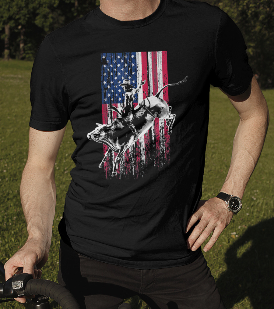 Patriotic American Flag Bull Rider Rodeo Scene T-Shirt